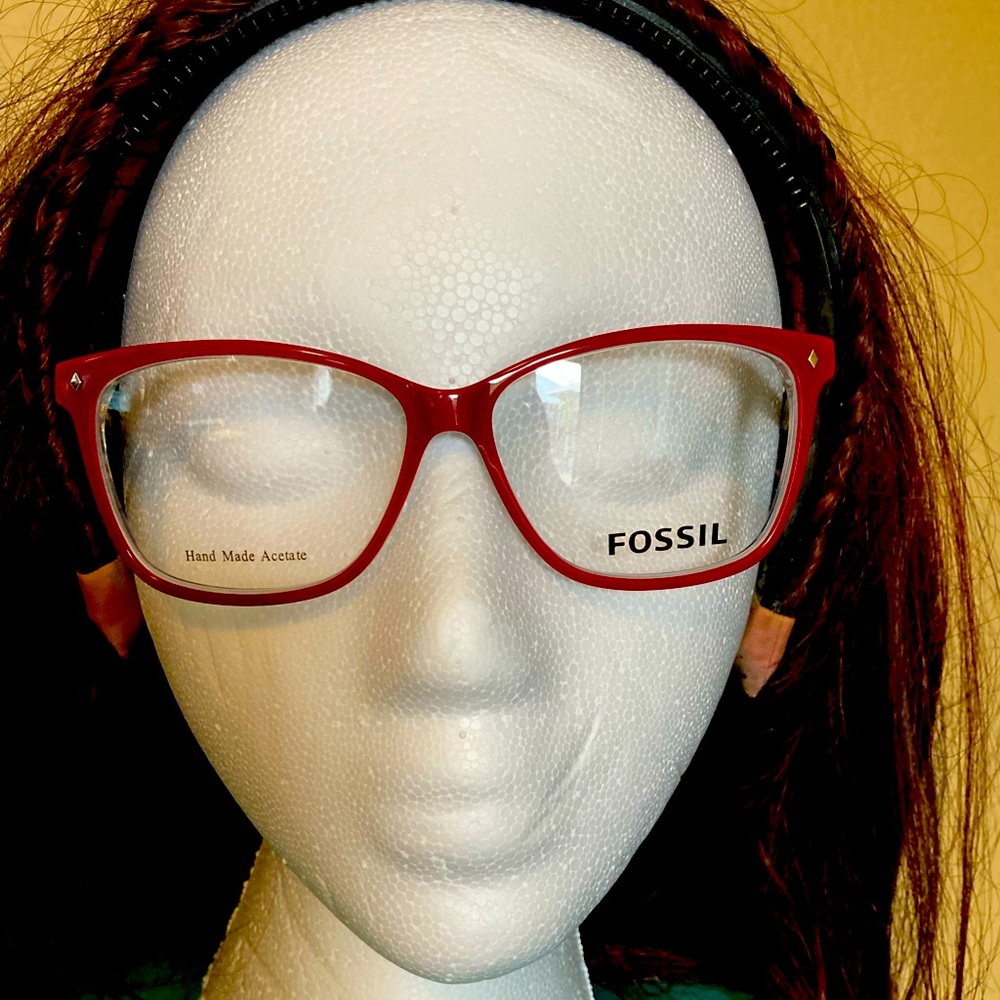 Fossil Eye glasses frames never used, red front, crystal inside w/ dark temples